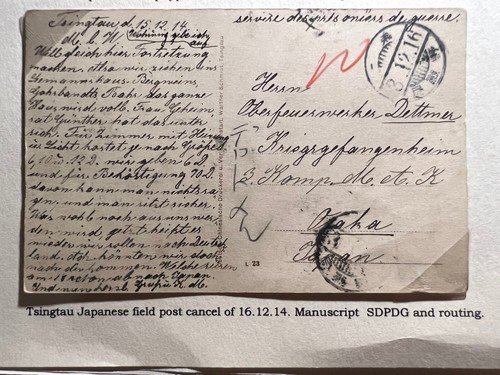 1914 WWI Japan POW Cover Tsingtau Field Post to Osaka Manuscript SDPDG
