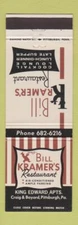 Matchbook Cover - Bill Kramer's Restaurant Pittsburgh PA