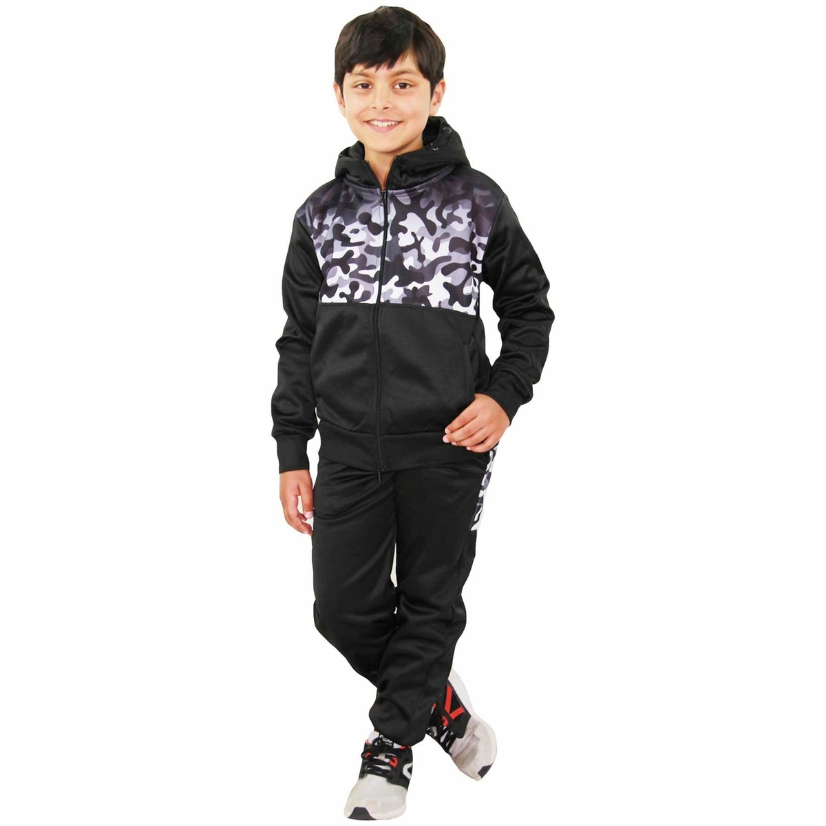 Kids Boys Girls Tracksuit Grey Camouflage Panelled Hooded Top Bottom Jog  Suits