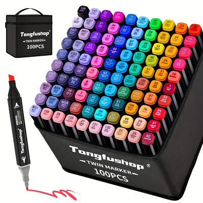 Tongfushop 100 Colored Markers Pens, Permanent Art Marker, Double Tip Marker Set