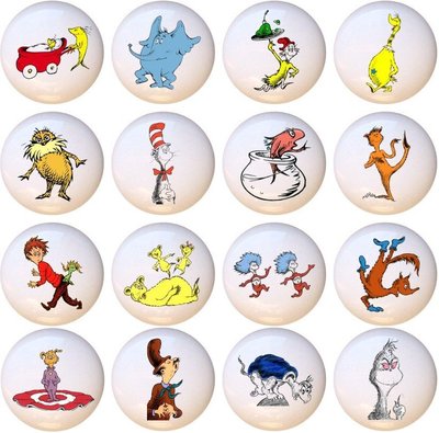 Set Of 16 Dr Seuss Cat In Hat Horton Ceramic Dresser Drawer Pulls