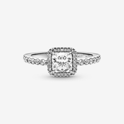 Silver 925 Silver Square Sparkle Halo Ring Size 5 - 50