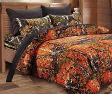 4pc Twin HUNTER ORANGE CAMO COMFORTER / BLACK SHEET SET : WOODLAND HUNTING TREE