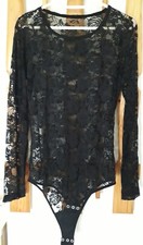 Women  s Black Long Sleeve Stretch Lace Bodysuit, L