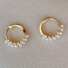 925 Sterling Silver Hoop Mini Pearls Gold Stud Earrings Womens Girls Gifts