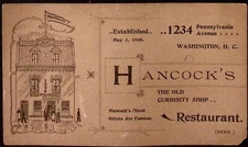 Hancock's The Old Curiosity Shop Restuarant Washington DC Victorian Trade Card