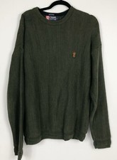 RL Chaps Crest Mens Large Cable Knit Crew Neck Sweater Green Cotton Pull Over