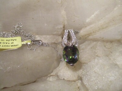 NWT 14K White Gold Mystic Topaz, Diamond Pendant 18'' Necklace.