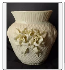 Vintage Cream Porcelain 3D Raised Relief with Applied Flower Bouquet Vase