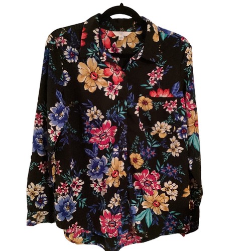 Time and Tru Womens Med (8-10) Floral Button Up Long Sleeve High Low Blouse Top
