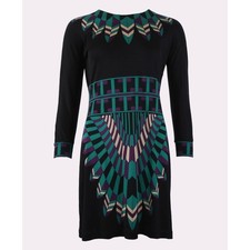 TORY BURCH 100% silk black green geometric aztec stretch fit flare dress sz XS