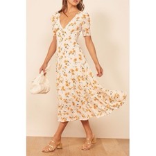 Reformation Cosa Floral Midi Dress Size 12 Tiered Ivory Yellow Green Crepe