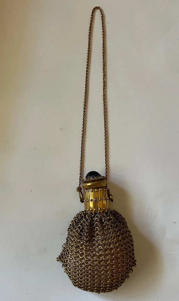 Старинный Chatelaine нищих бронзовая сетка монета сумочки синий камень украшенная драгоценными камнями крышка - Изображение 2 из 4