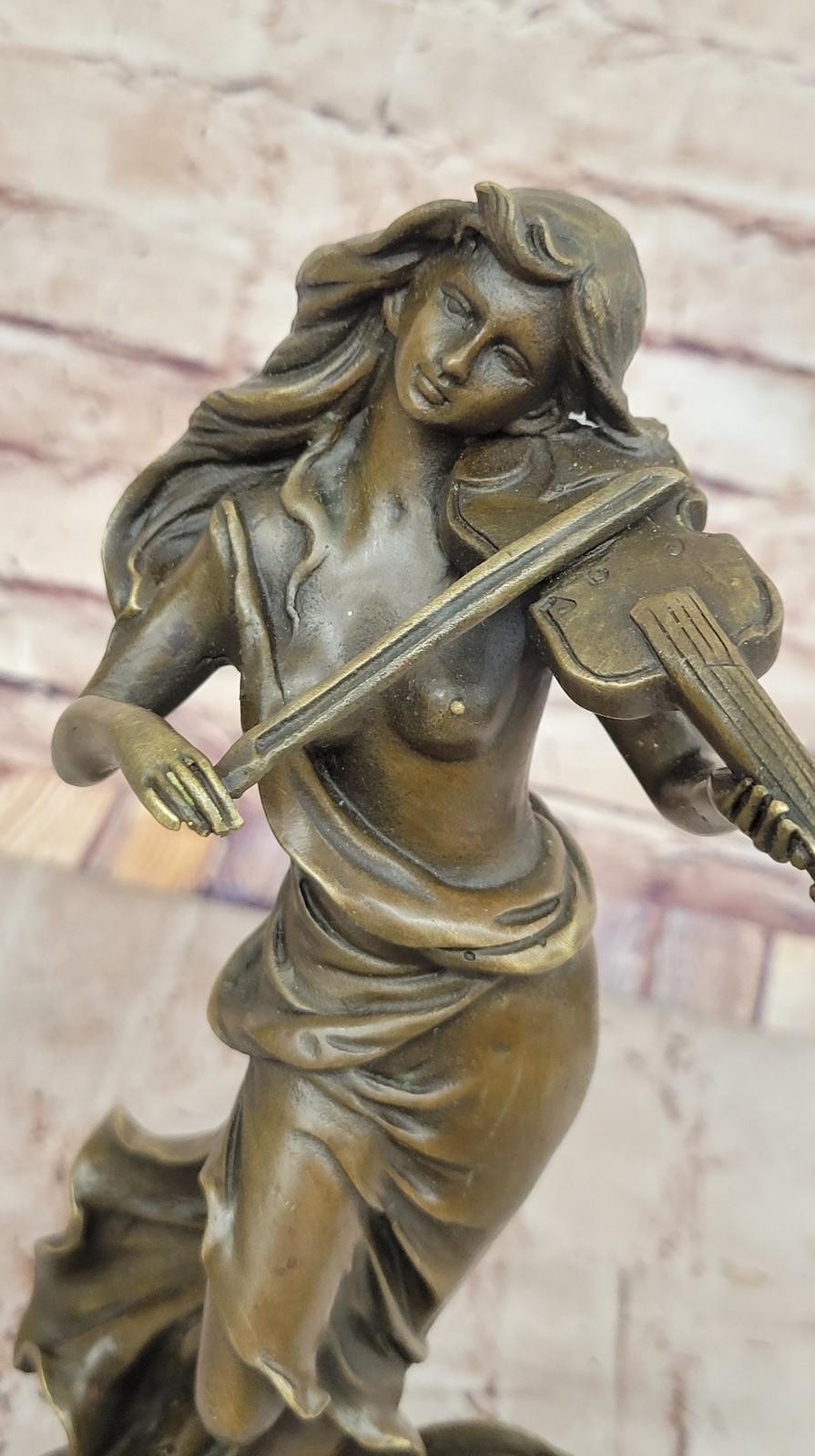 Original Art Deco Violinist Bronze Sculpture - Elegant Female Musician Artwork