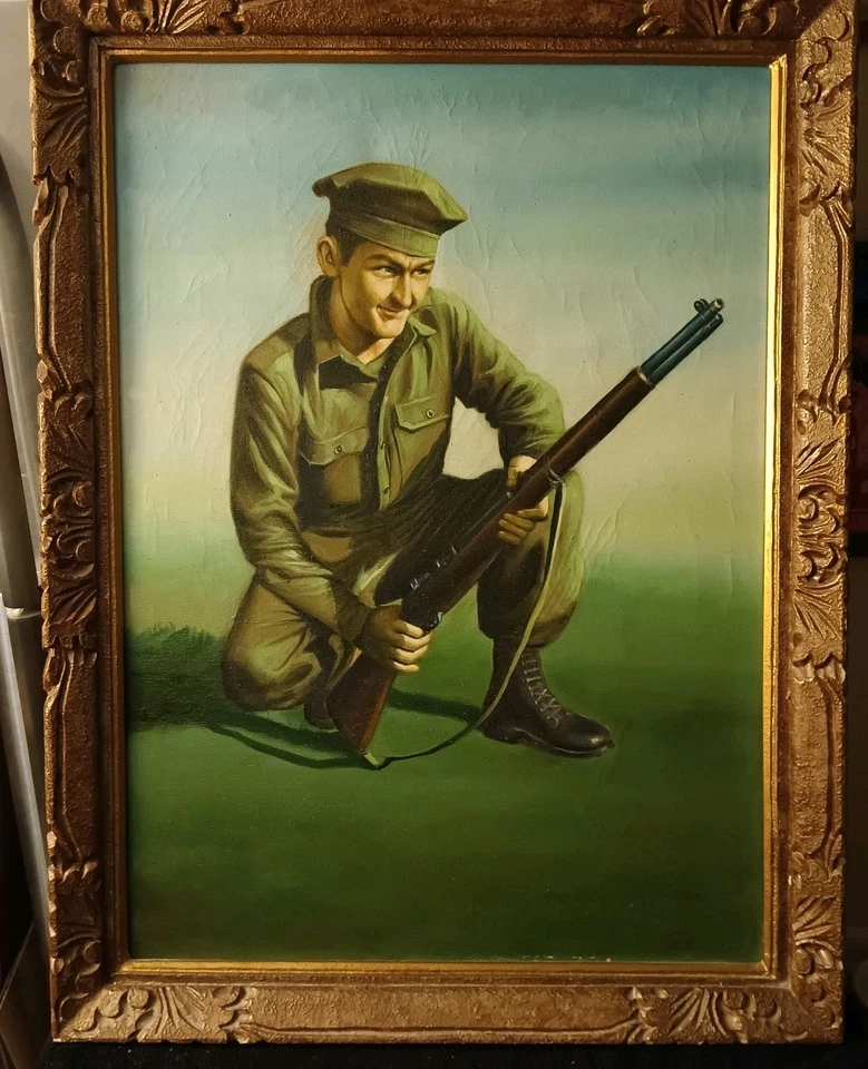 Antiguo óleo sobre lienzo. Soldado del Ejército Militar.Vintage años 40. Madera antigua enmarcada  Foto 3 de 4