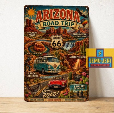 Arizona Road Trip Route 66 Metal Sign Tin Poster Travel Destination Airbnb Decor