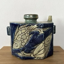 Kaneshiro Sumiko Yachimun Blue Glazed Vase Unused Okinawa Pottery 10.5"