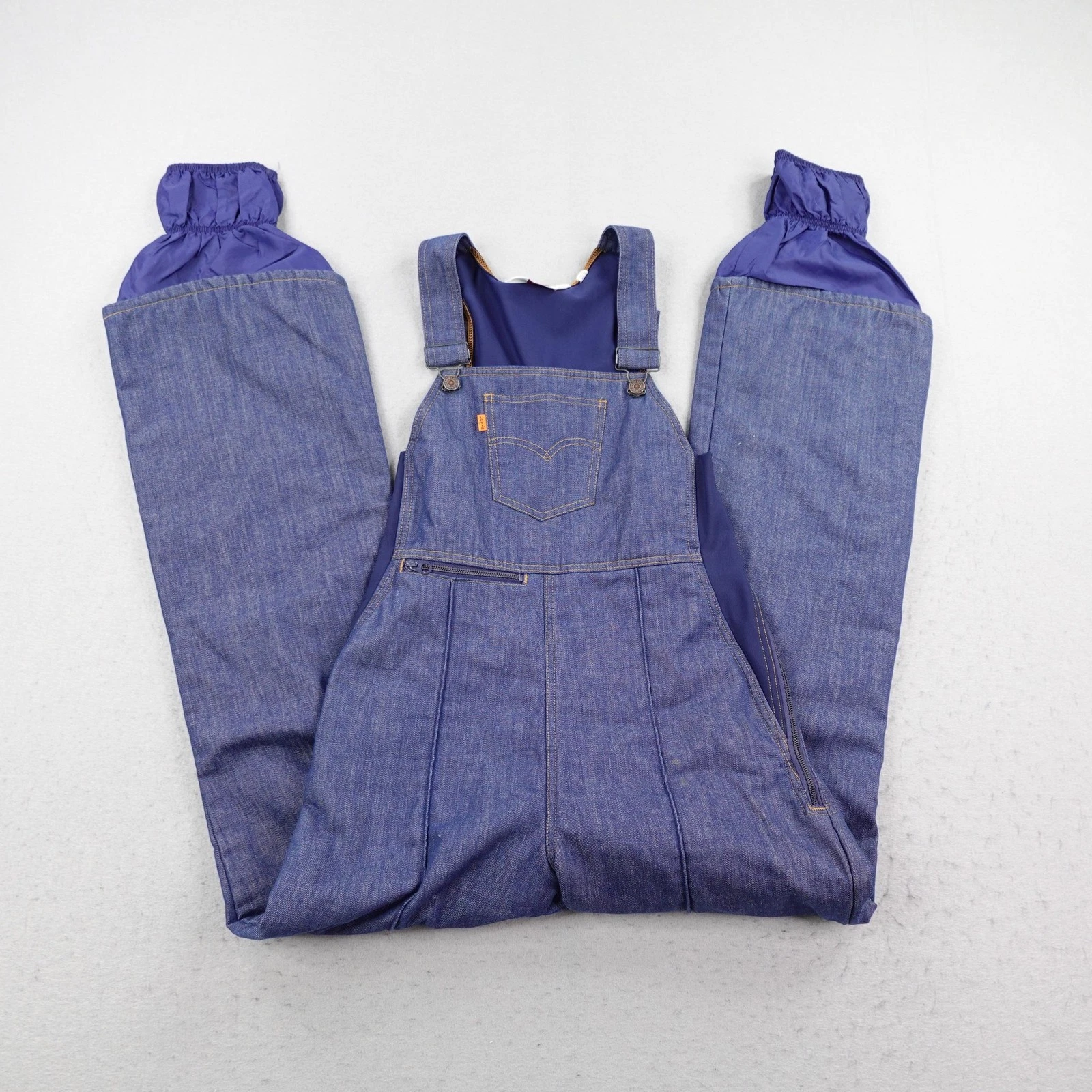 Vintage Levis Bib Suit Womens 9/10 Blue Denim Orange Tab Snow Suit Made USA 70s