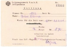 Genuine Receipt Volkswagen Plant Ledigenheim Vw Wolfsburg City Of Kdf Car 1941