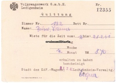 Orig. Quittung Volkswagenwerk Ledigenheim VW Wolfsburg Stadt des KdF Wagen 1941