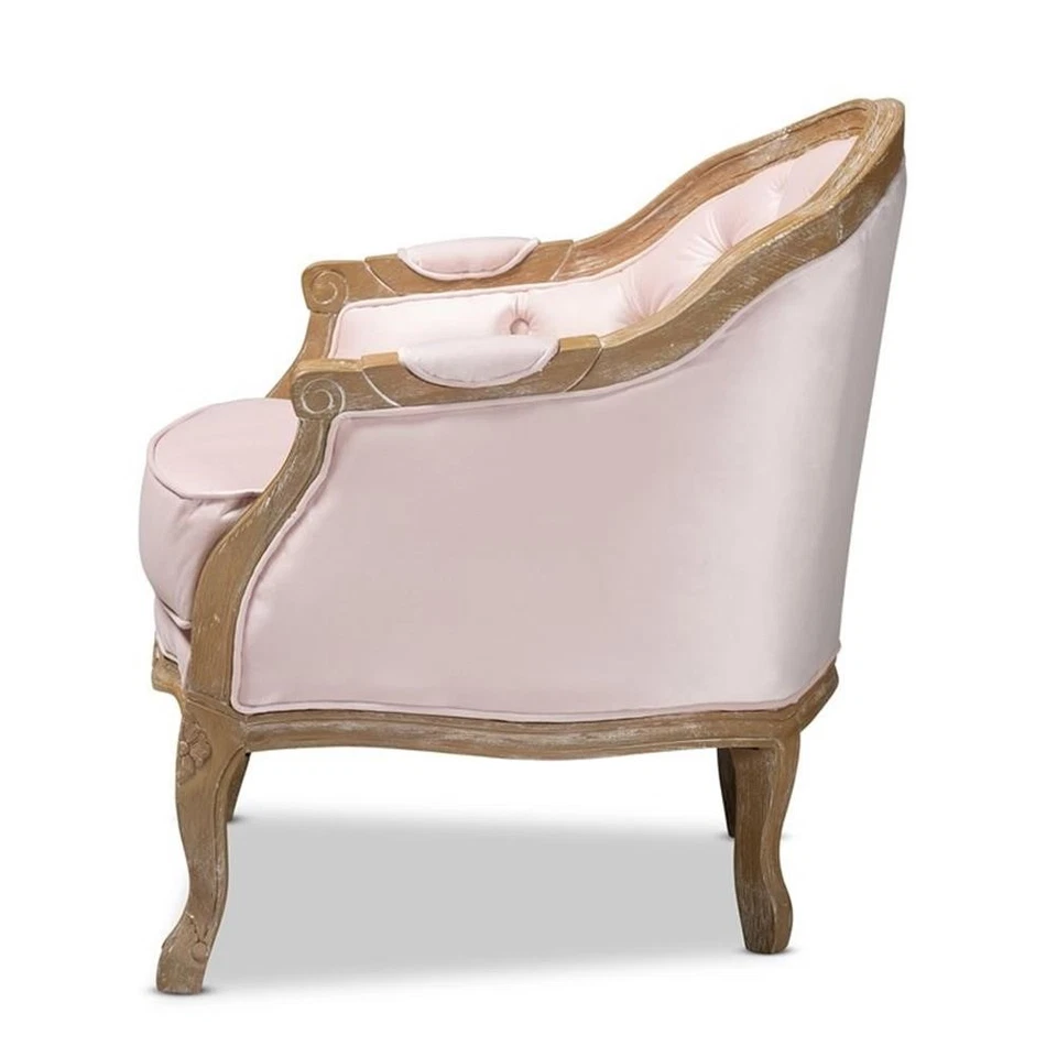 Sillón Baxton Studio Genevieve rosa claro terciopelo roble lavado blanco Foto 3 de 4