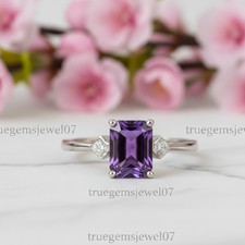 Emerald Cut Amethyst Ring 925 Sterling Silver Purple Gemstone Ring Side Stone CZ