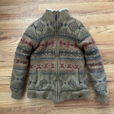 LL Bean 100 Lambswool Sherpa Lined Full Zip Knit Jacket Size Medium Youth