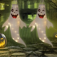 2 Pack Halloween Ghost Windsock with Lights Glow in Dark Outdoor Yard Decor
