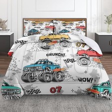 Trucks Car Race Comforter Set for Boys Kids Toddlers Teens Adults Twin, Cool Veh