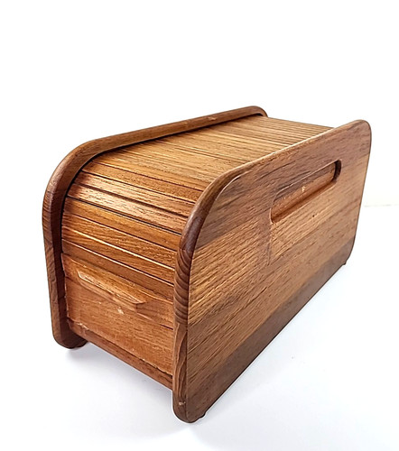 Vintage MCM Teak Wood Tambour Roll Top Desk Organizer Storage Box