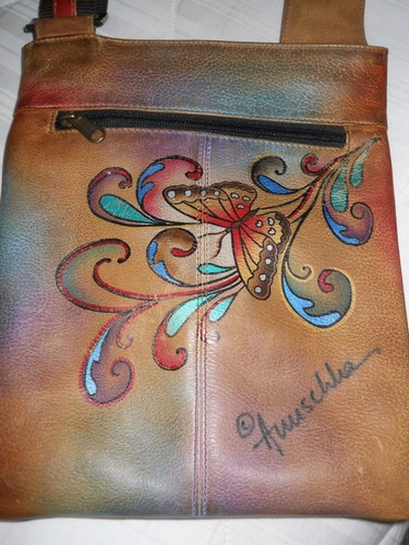 Women's by Anuschka Leather Hand Painted "Vintage Butterfly"~Crossbody bag~Used~ - Picture 3 of 3
