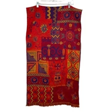 Field Manor Shawl Scarf Fringe Red Orange Purple Made in France 20" x 75"