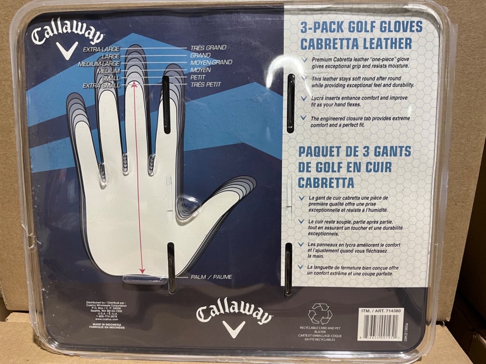 Callaway Cabretta leather golf glove right handed glove for left hand golfer M-L