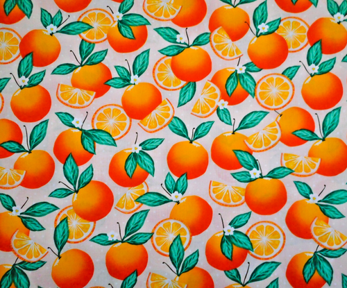 Quilt Fabric By Half-Yard Oranges Grn Leaf Dots on Lt Pink Premium Cotton Fruit