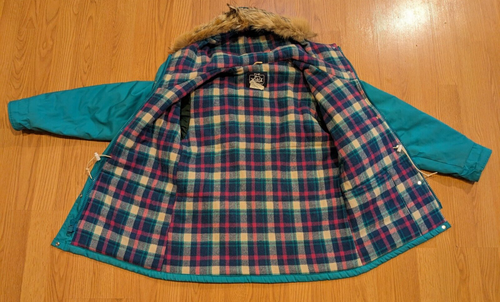 Vintage WOOLRICH Plaid-Flannel-Lined Fur-Hood Parka Jacket Turquoise USA M - Picture 3 of 6
