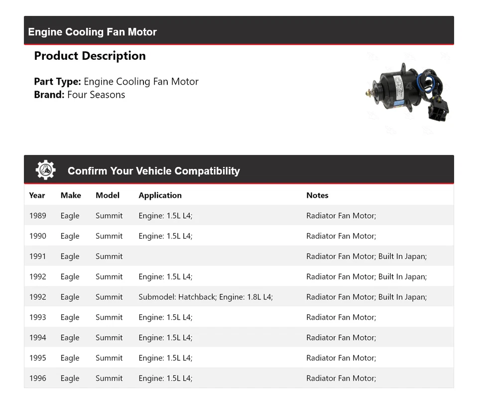 Двигатель вентилятора охлаждения двигателя Eagle Summit 1989-1996 годов выпуска 4 сезона 1990 1991 1992 - Изображение 2 из 4