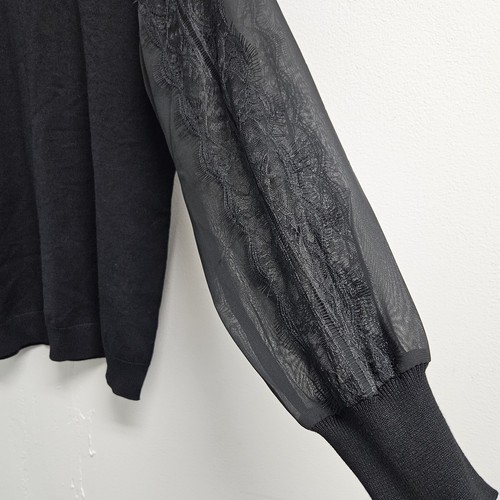 Adrianna Papell Sweater Women’s Medium Black Lace Trim Woven Sleeve Ruffle Neck - Picture 3 of 12