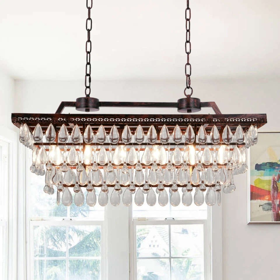 Lámpara de araña antigua de cristal rectangular de bronce de 31,5" 6 luces lámparas colgantes modernas Foto 3 de 4