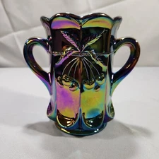 Mosser Glass Purple Carnival "Cherry & Cable w/ Thumbprint" Handled Spooner Vase