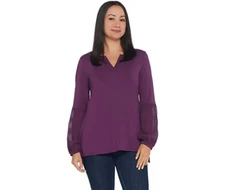  H by Halston Knit Top with Chiffon Blouson Sleeves Deep Plum 1X 