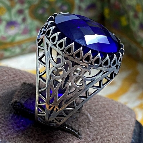 handmade men rings 925 Sterling Silver Blue Zircon Mens Unisex Ring Jewelry - Picture 3 of 9