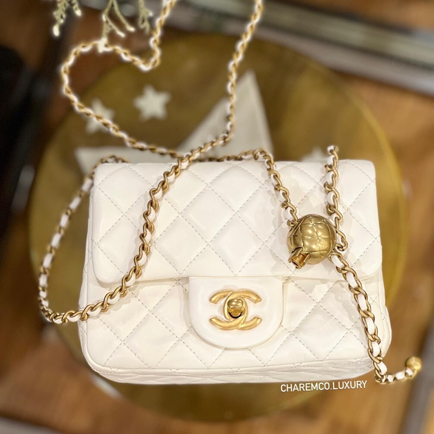 NWT! 22C CHANEL Mini Square White Pearl Crush Gold Ball Flap Bag