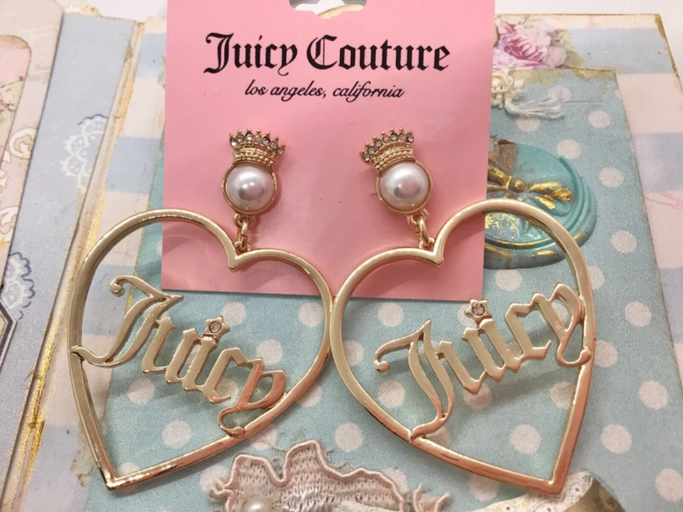 New Juicy Couture Gold tone Heart Crown Logo Dangle Statement Earrings - Image 4 of 4