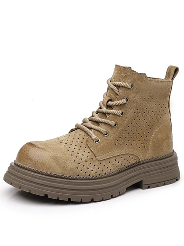 Botas al tobillo con cordones transpirables y puntera redonda ahuecadas de cuero con cremallera talla occidental para hombre - Imagen 2 de 25