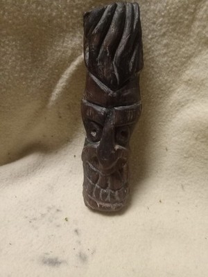 VINTAGE TIKI HAWAIIAN Hand-Carved WOOD Totem Pole Hanging 8''