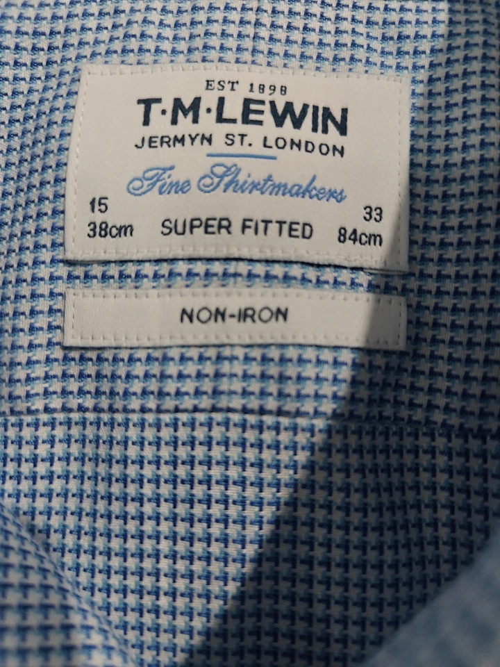 T.M.LEWIN MENS PURE COTTON LS NON-IRON SHIRT IN Blue PLAID SIZE 16 33 - Image 4 of 4