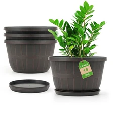 10 inch Plastic Flower Pots for Outdoor Plants，4 Pack Large Outdoor Planter P...