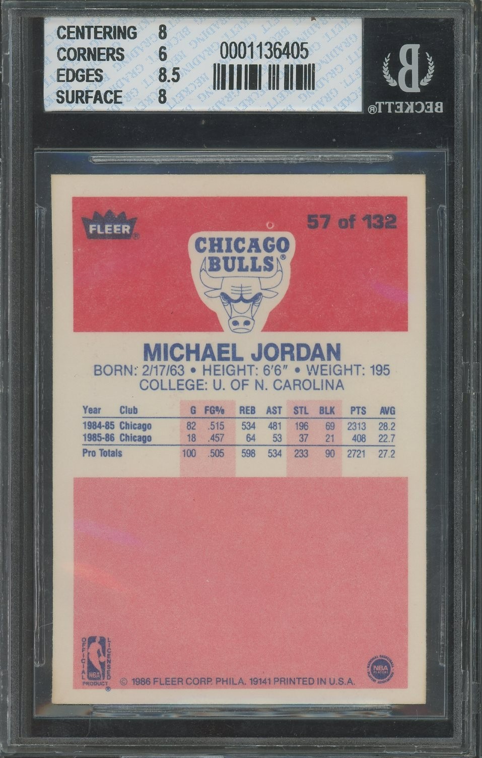 Michael Jordan 1986 Fleer #57 Rookie RC Hall of Fame HOF GOAT BGS 6.5 view 2