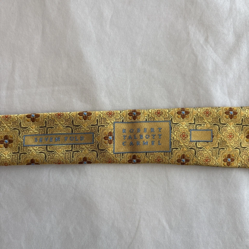 Corbata Robert Talbott Carmel siete pliegues amarillo marrón azul geométrica Foto 4 de 4