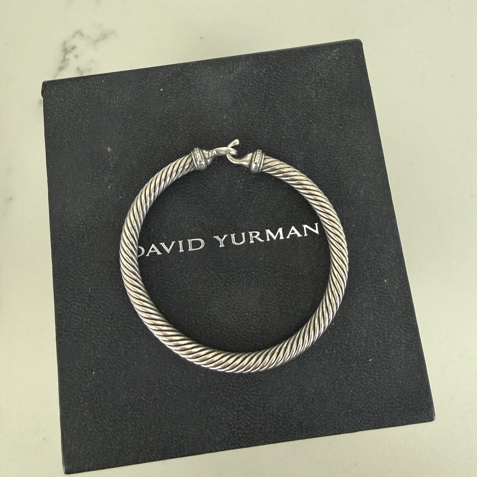 David Yurman Fine Silver Cable Bangle Cuff Bracelet Hook Closure Round Shape